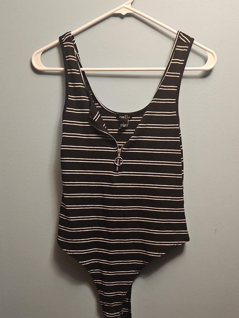 Rue21 Black & White Striped Zip-Front Tank Bodysuit with Ring Pull